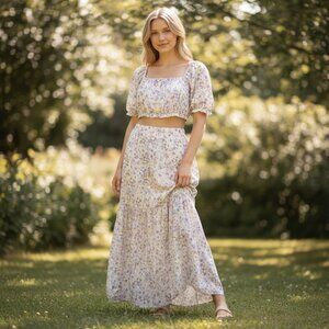 H&M Linen Blend Tiered Skirt & Crop Top Set NWT Lilac Floral Medium/Large